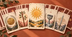 Terrakotanvärisellä alustalla levitetyt tarot-kortit esittävät aurinkoa sekä neljän maan symboleja: sauvaa, maljaa, miekkaa ja lanttia.